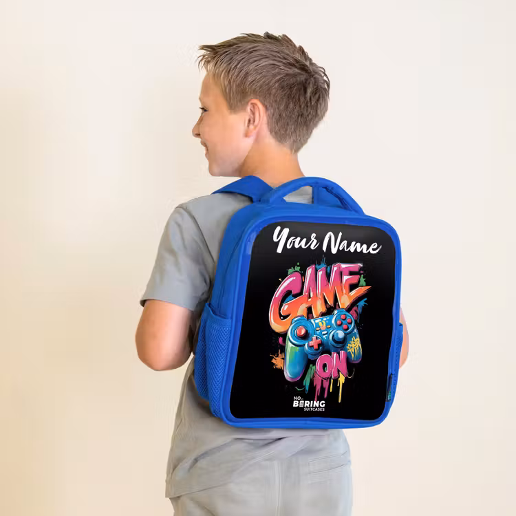 Kids backpack with name - Blue - Controller - Game - Graffiti - Text — 2
