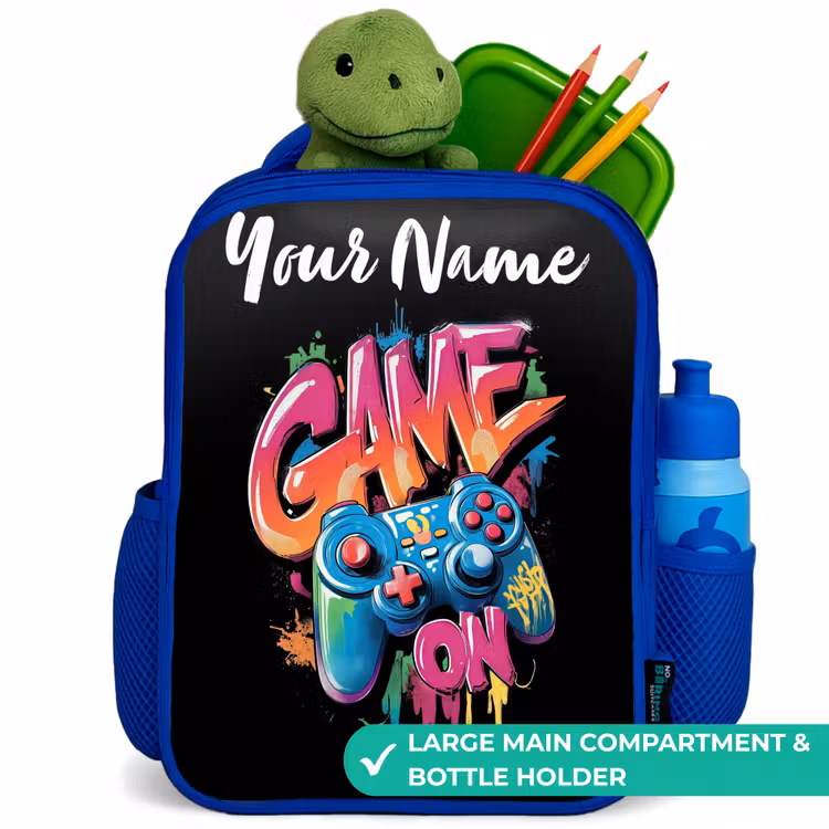 Kids backpack with name - Blue - Controller - Game - Graffiti - Text — 5
