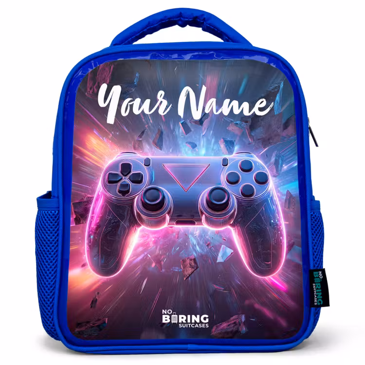 Kids backpack with name - Blue - Controller - Neon - Game — 1