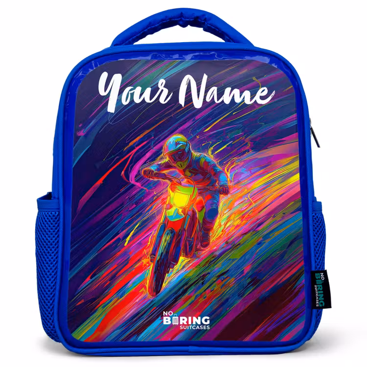 Kids backpack with name - Blue - Cross bike - Neon colors - Lines - Helmet — 1