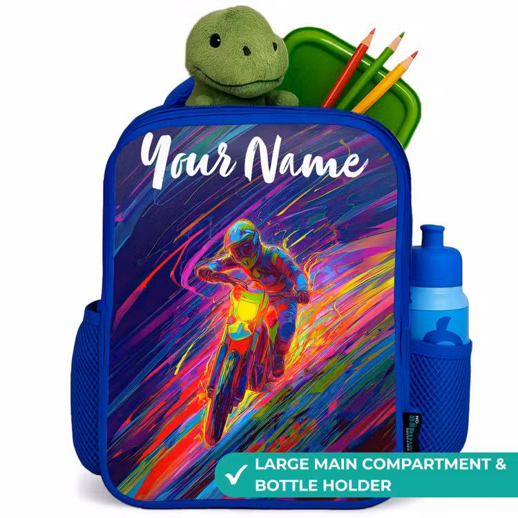 Kids backpack with name - Blue - Cross bike - Neon colors - Lines - Helmet — 5