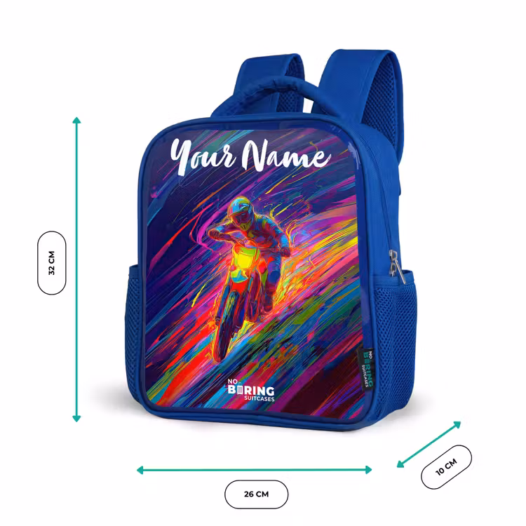 Kids backpack with name - Blue - Cross bike - Neon colors - Lines - Helmet — 6