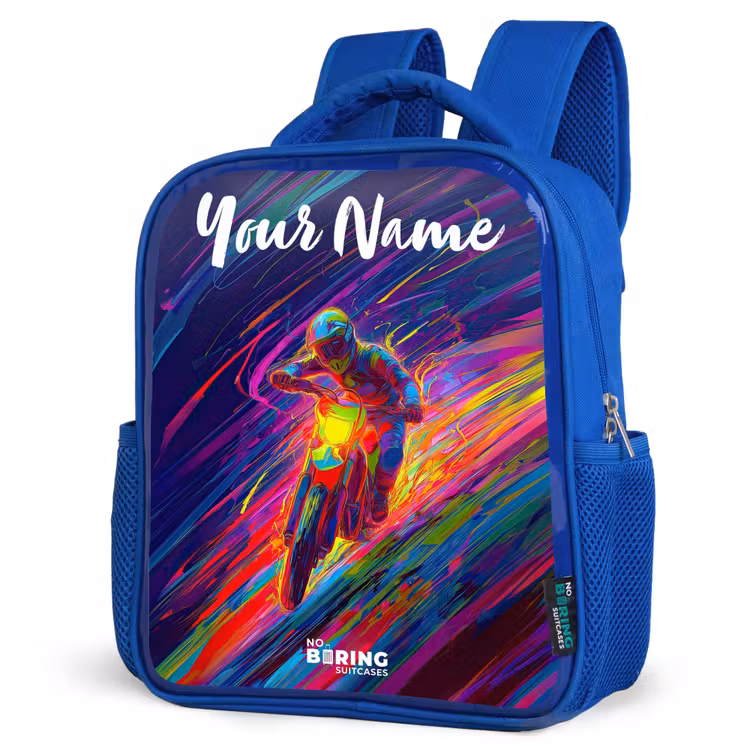 Kids backpack with name - Blue - Cross bike - Neon colors - Lines - Helmet — 7