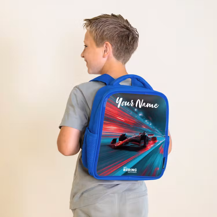 Kids backpack with name - Blue - Formula 1 - Race car - Red - Neon lights — 2
