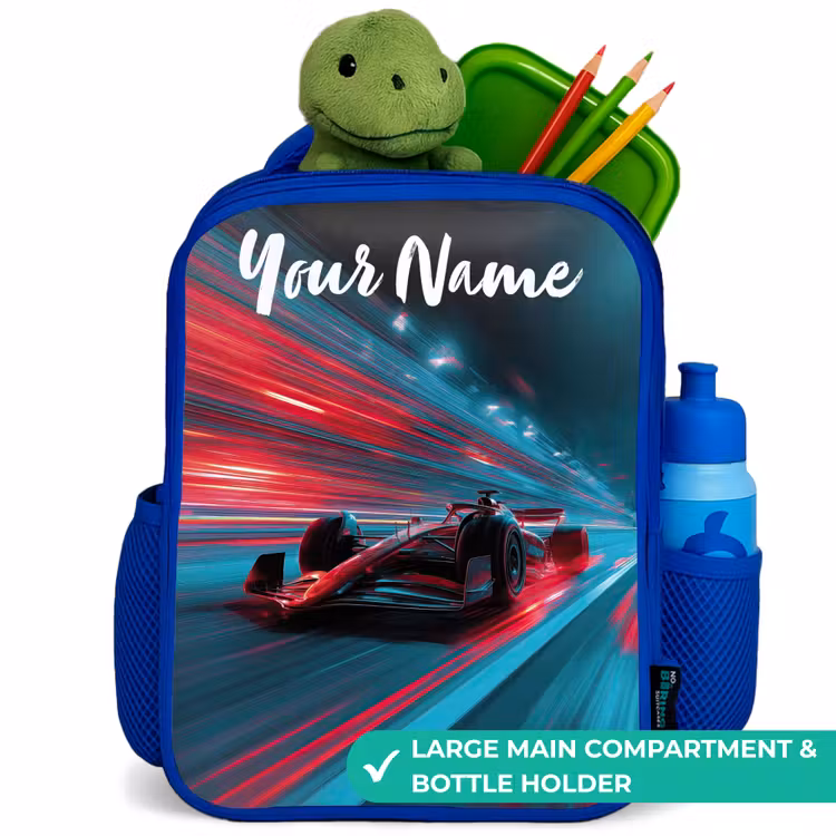 Kids backpack with name - Blue - Formula 1 - Race car - Red - Neon lights — 5