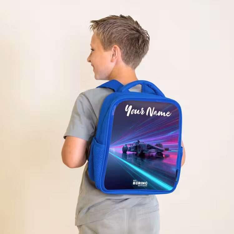 Kids backpack with name - Blue - Light beams - Neon - Racing car - Purple — 2