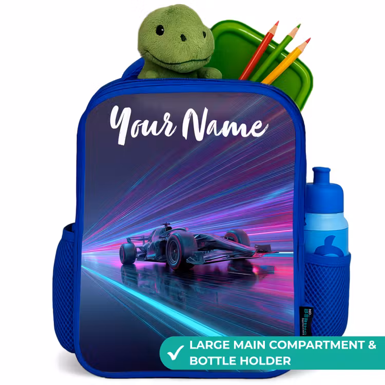 Kids backpack with name - Blue - Light beams - Neon - Racing car - Purple — 5