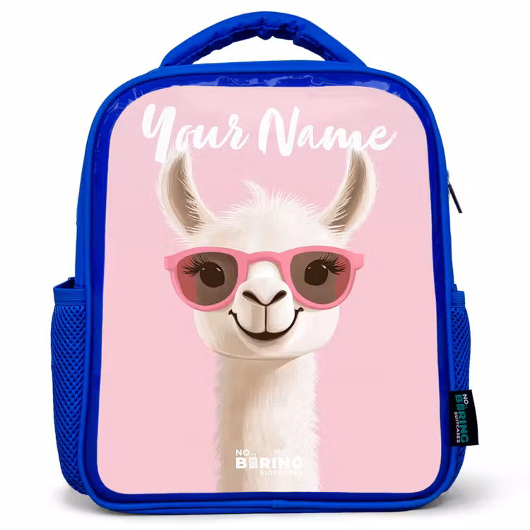 Kids backpack with name - Blue - Llama - White - Sunglasses - Eyelashes — 1