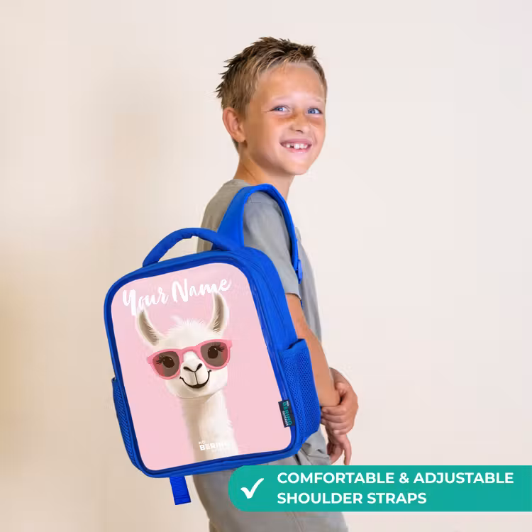 Kids backpack with name - Blue - Llama - White - Sunglasses - Eyelashes — 4