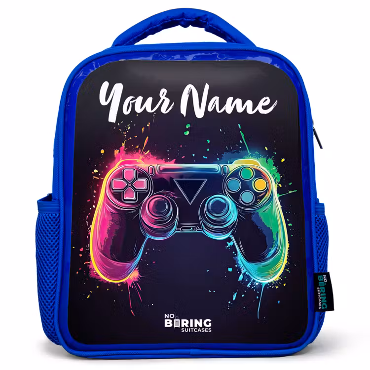 Kids backpack with name - Blue - Neon - Controller - Paint splashes - Game — 1