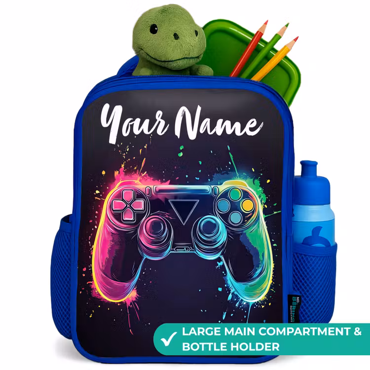 Kids backpack with name - Blue - Neon - Controller - Paint splashes - Game — 5