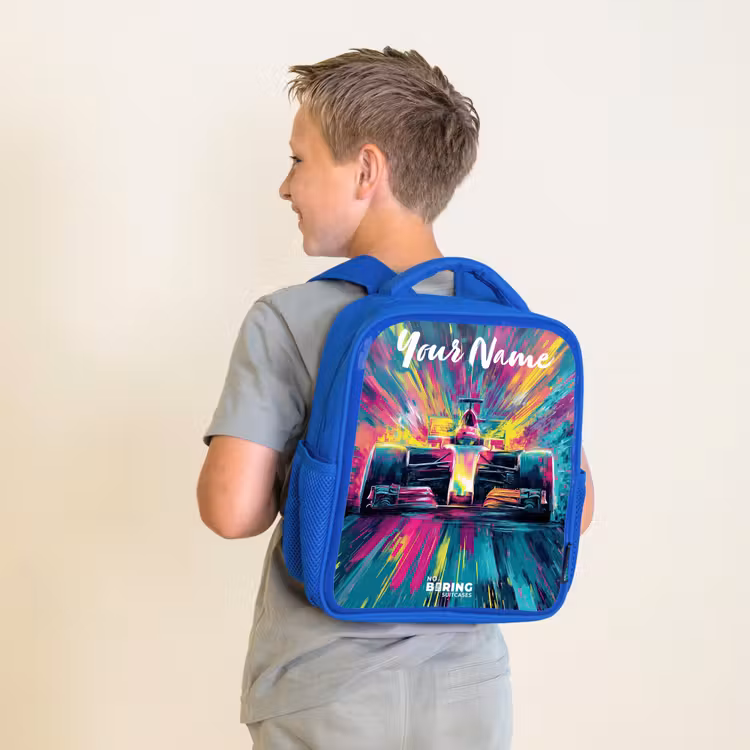 Kids backpack with name - Blue - Race car - Abstract - Stripes - Blue — 2