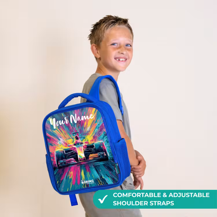 Kids backpack with name - Blue - Race car - Abstract - Stripes - Blue — 4