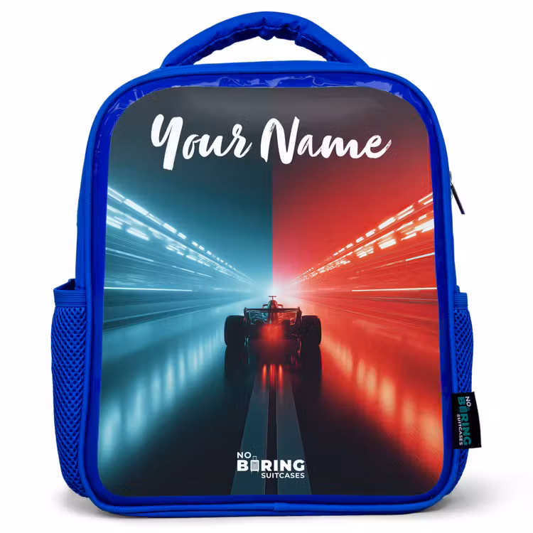Kids backpack with name - Blue - Race car - Lighting - Neon - Red — 1