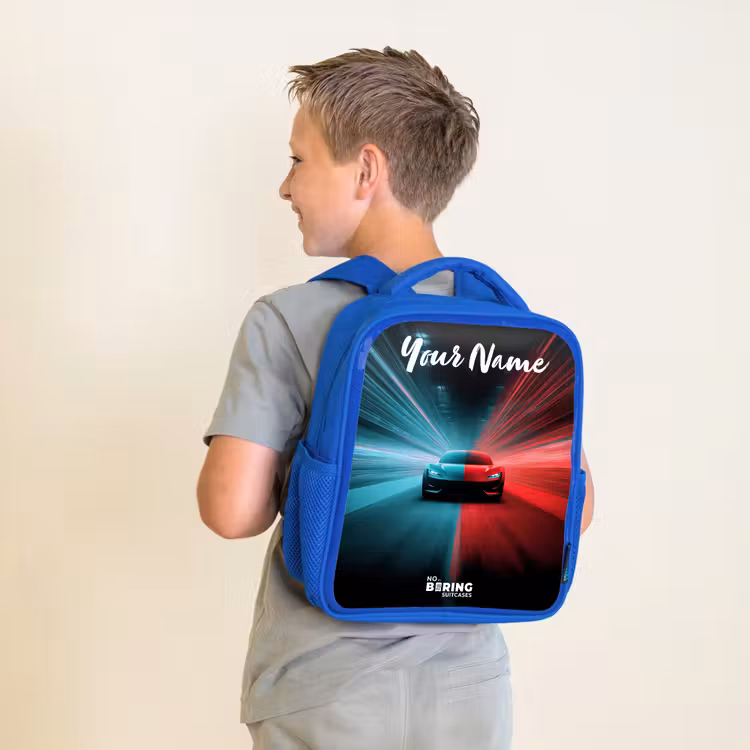 Kids backpack with name - Blue - Sports car - Blue - Neon - City — 2