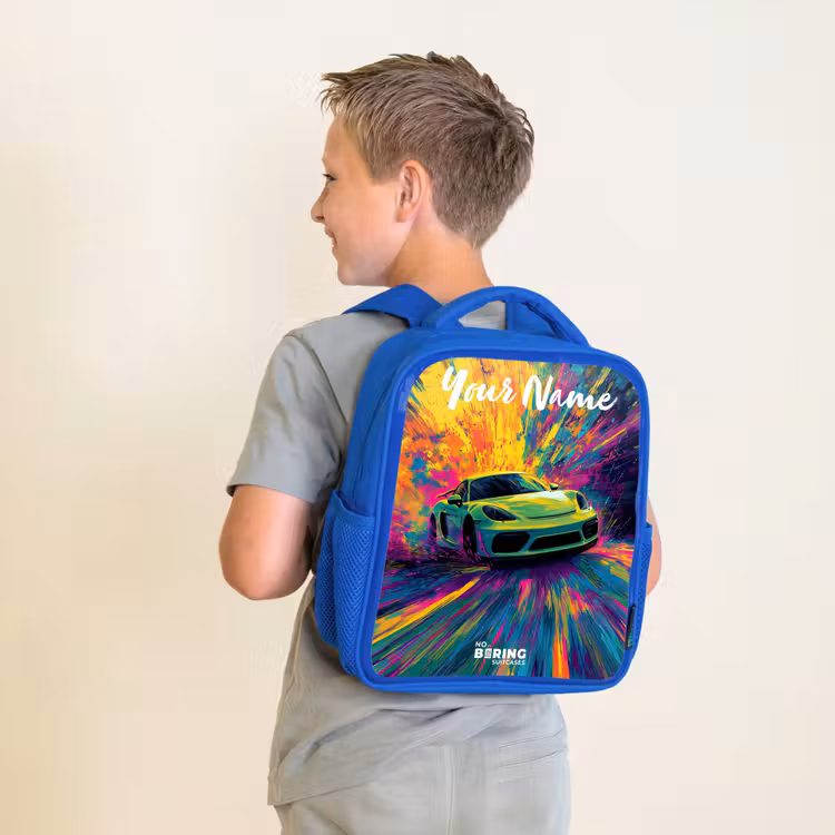 Kids backpack with name - Blue - Sports car - Green - Paint stripes - Colors — 2