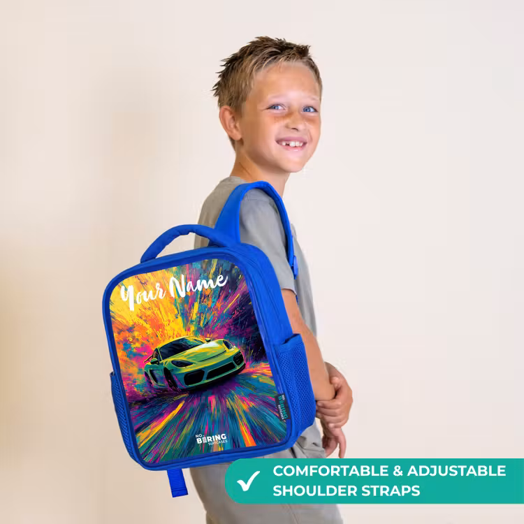 Kids backpack with name - Blue - Sports car - Green - Paint stripes - Colors — 4