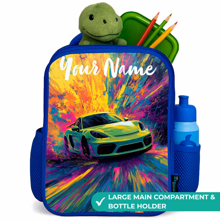 Kids backpack with name - Blue - Sports car - Green - Paint stripes - Colors — 5