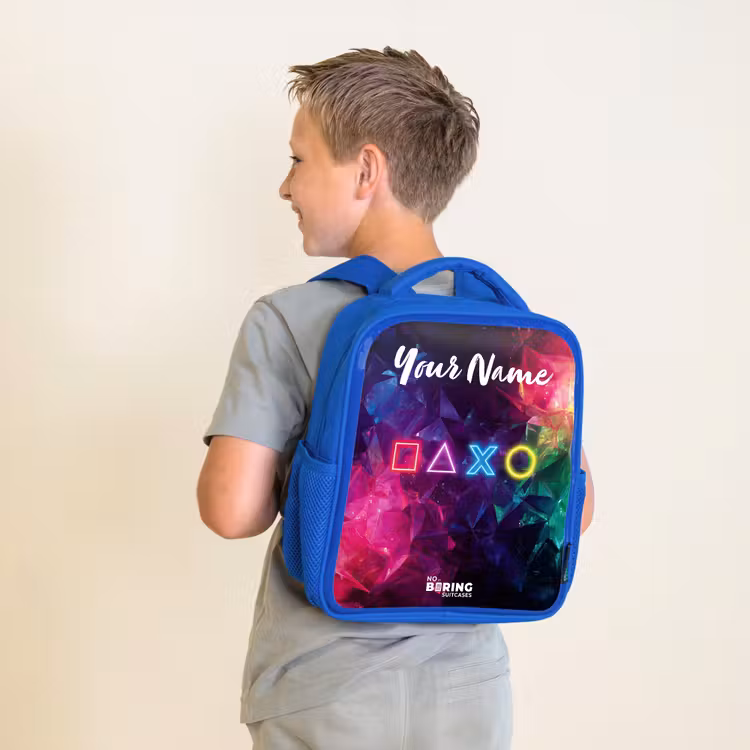 Kids backpack with name - Blue - Symbols - Game - Colorful — 2