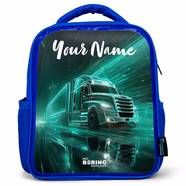 Kids backpack with name - Blue - Truck - City - Green - Neon — 1