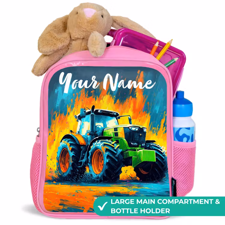 Kids backpack with name - Pink - Abstract - Tractor - Green — 2