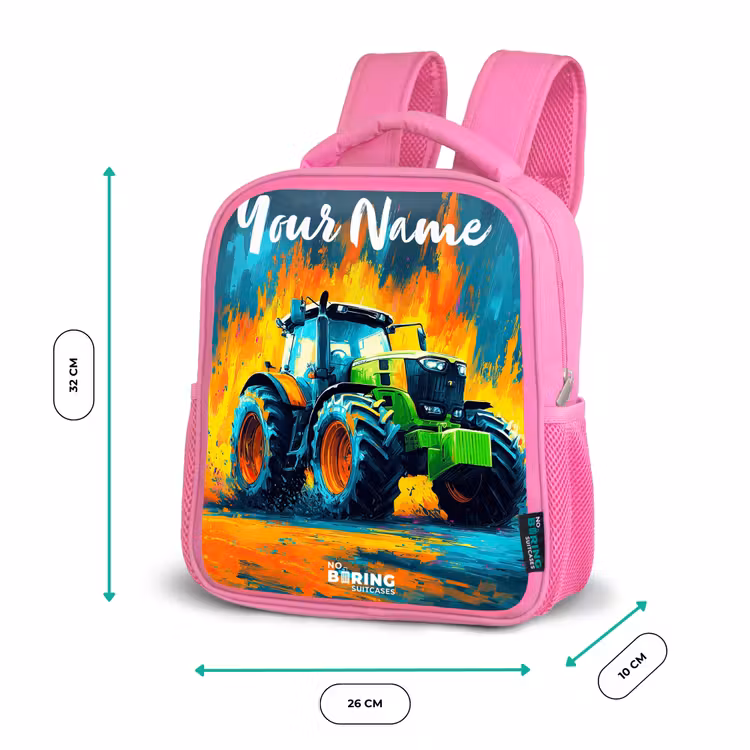 Kids backpack with name - Pink - Abstract - Tractor - Green — 3