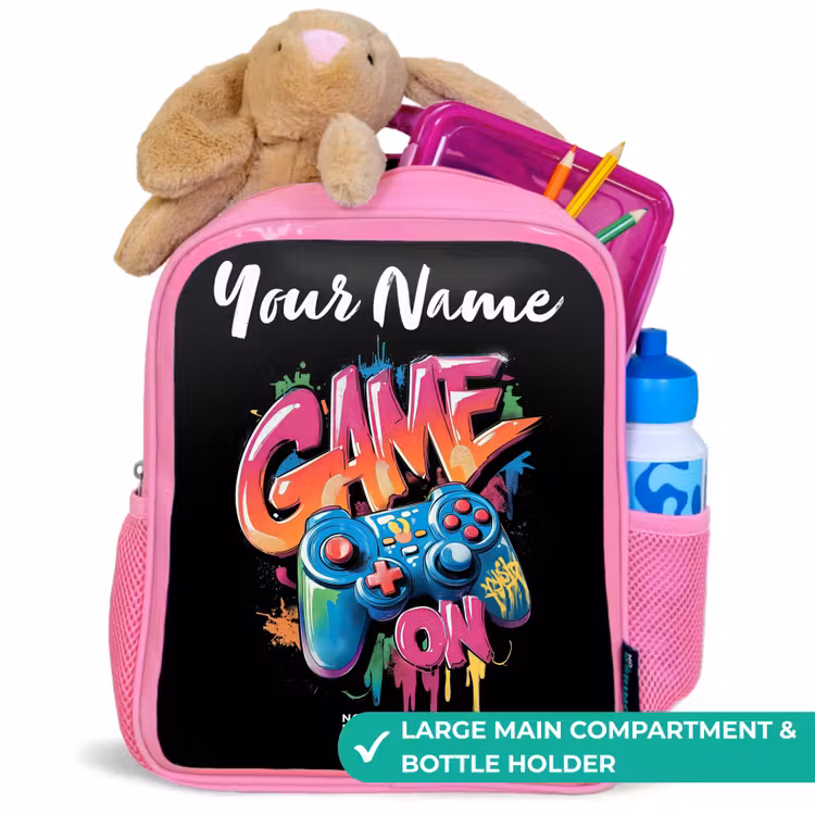 Kids backpack with name - Pink - Controller - Game - Graffiti - Text — 2