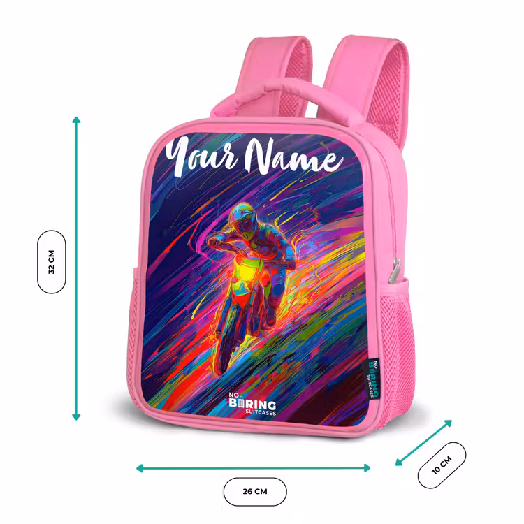 Kids backpack with name - Pink - Cross bike - Neon colors - Lines - Helmet — 3