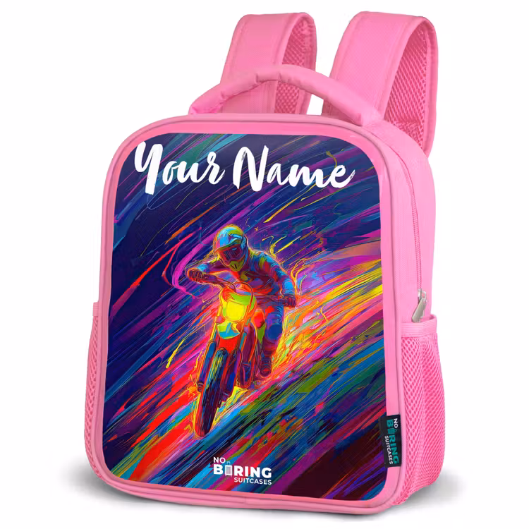 Kids backpack with name - Pink - Cross bike - Neon colors - Lines - Helmet — 4