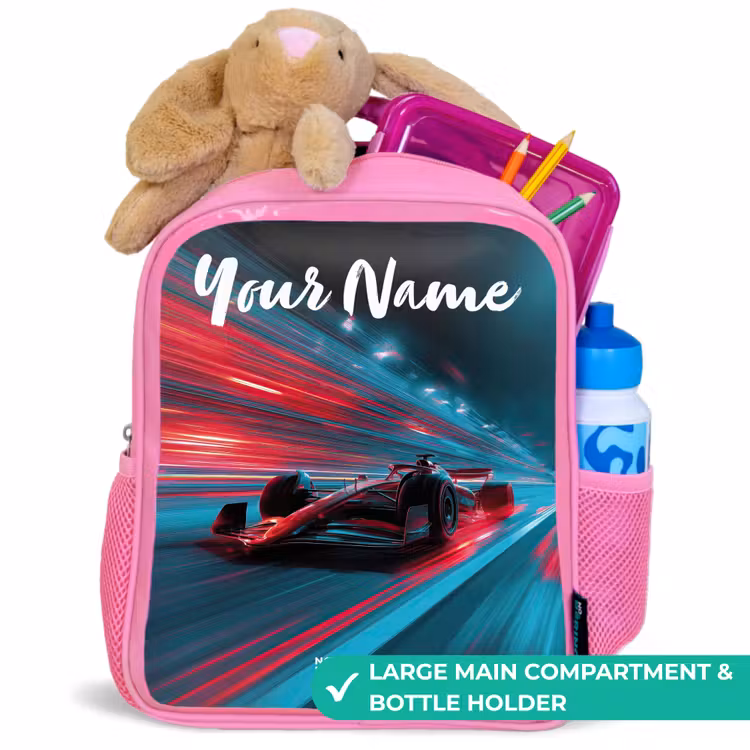 Kids backpack with name - Pink - Formula 1 - Race car - Red - Neon lights — 2