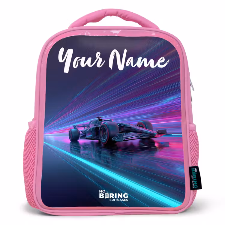 Kids backpack with name - Pink - Light beams - Neon - Racing car - Purple — 1