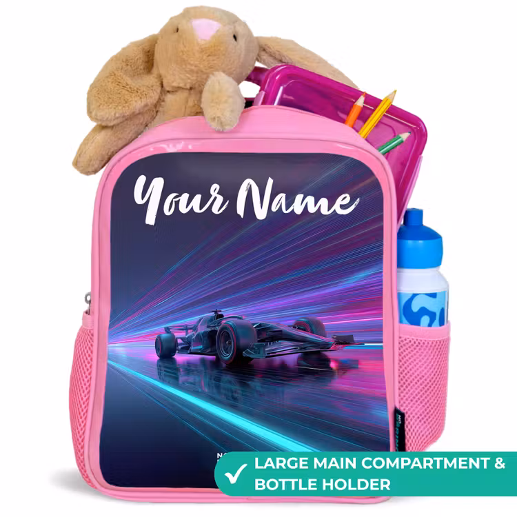 Kids backpack with name - Pink - Light beams - Neon - Racing car - Purple — 2