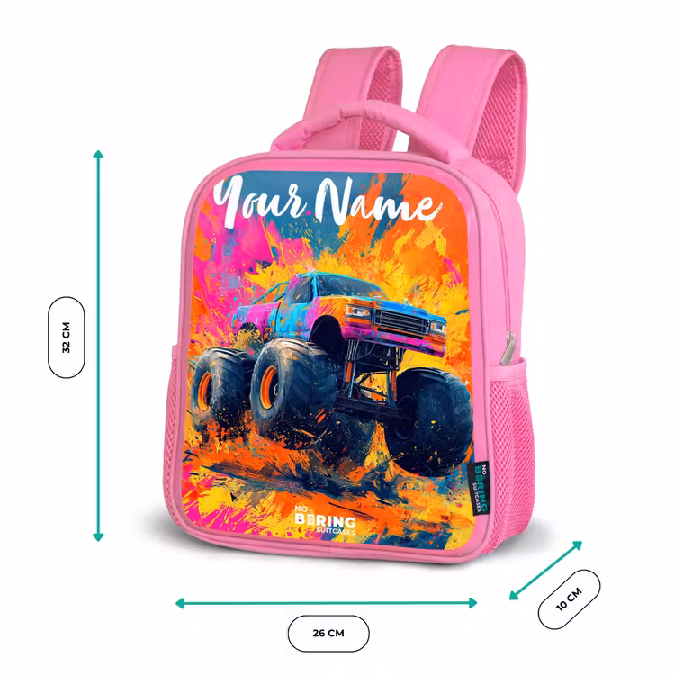 Kids backpack with name - Pink - Monster truck - Abstract - Paint splatters - Colorful — 3