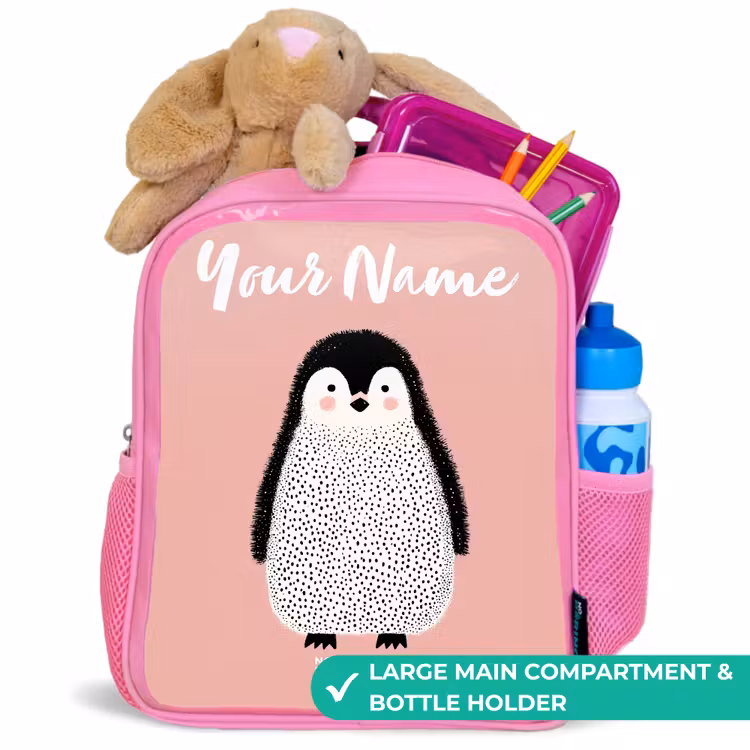 Kids backpack with name - Pink - Penguin - Dots - Pink - Minimalist — 2