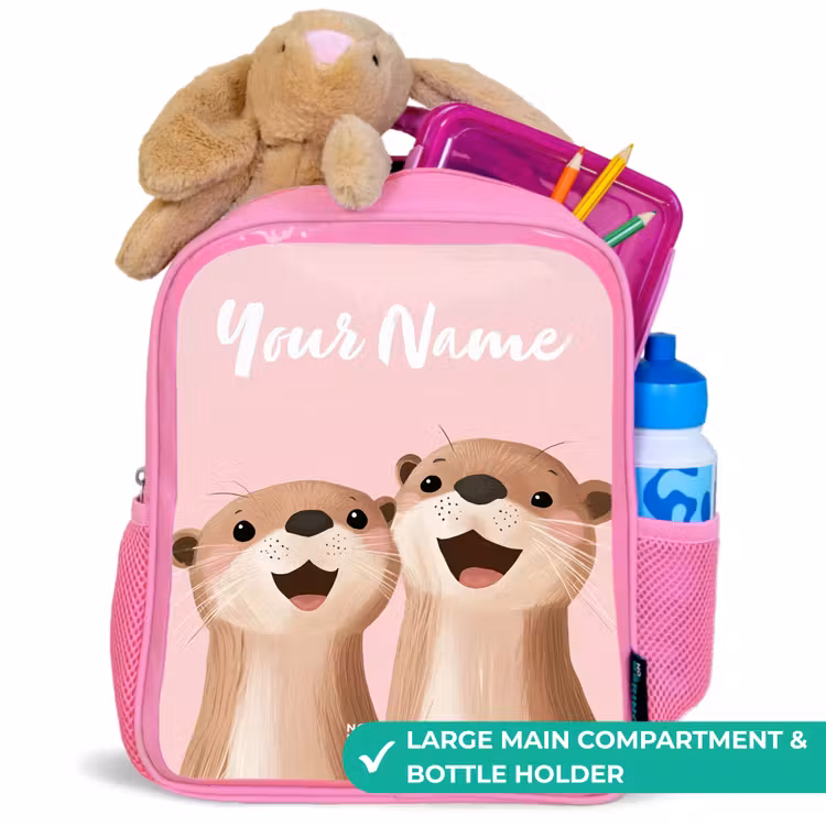 Kids backpack with name - Pink - Smile - Otters - Pink - Illustration — 2