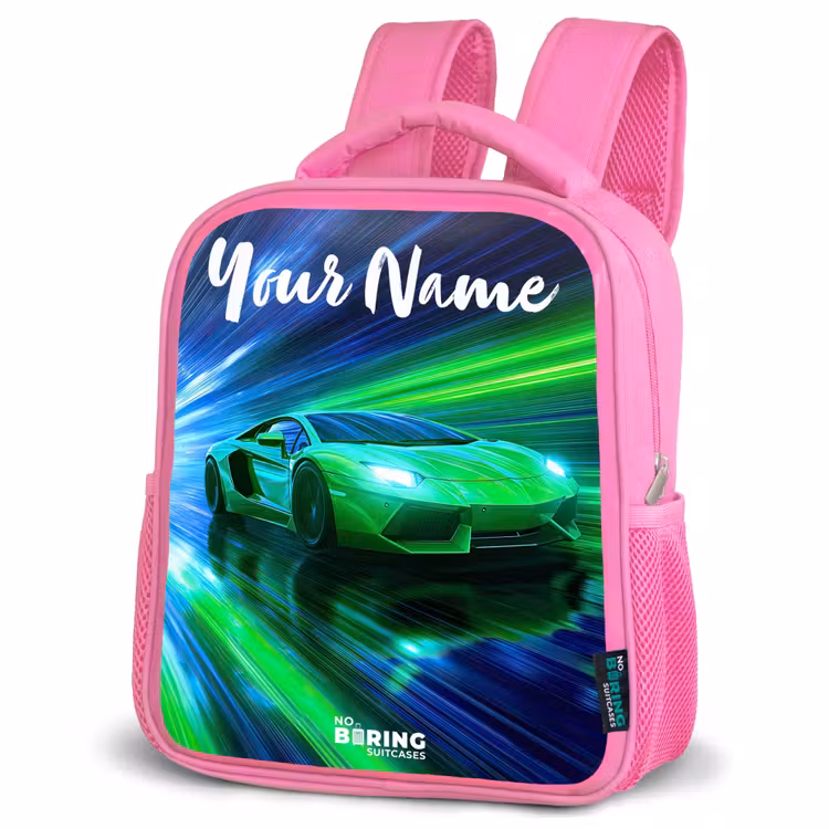 Kids backpack with name - Pink - Sports car - Green - Speed Lines - Neon — 4