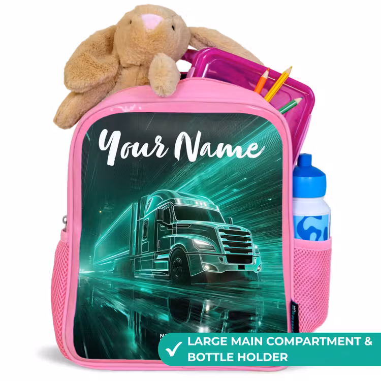 Kids backpack with name - Pink - Truck - City - Green - Neon — 2