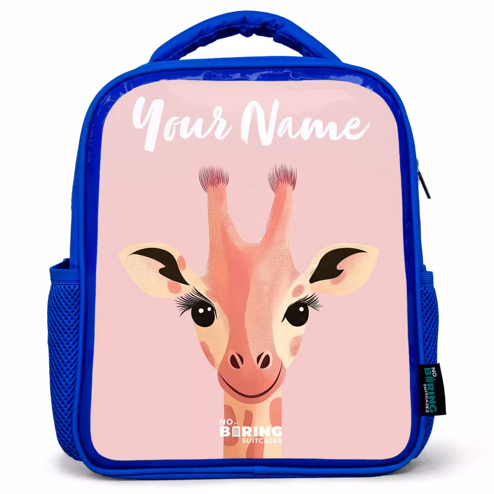 Kids backpack with name - Blue - Giraffe - Eyelashes - Minimalist - Pink — 1