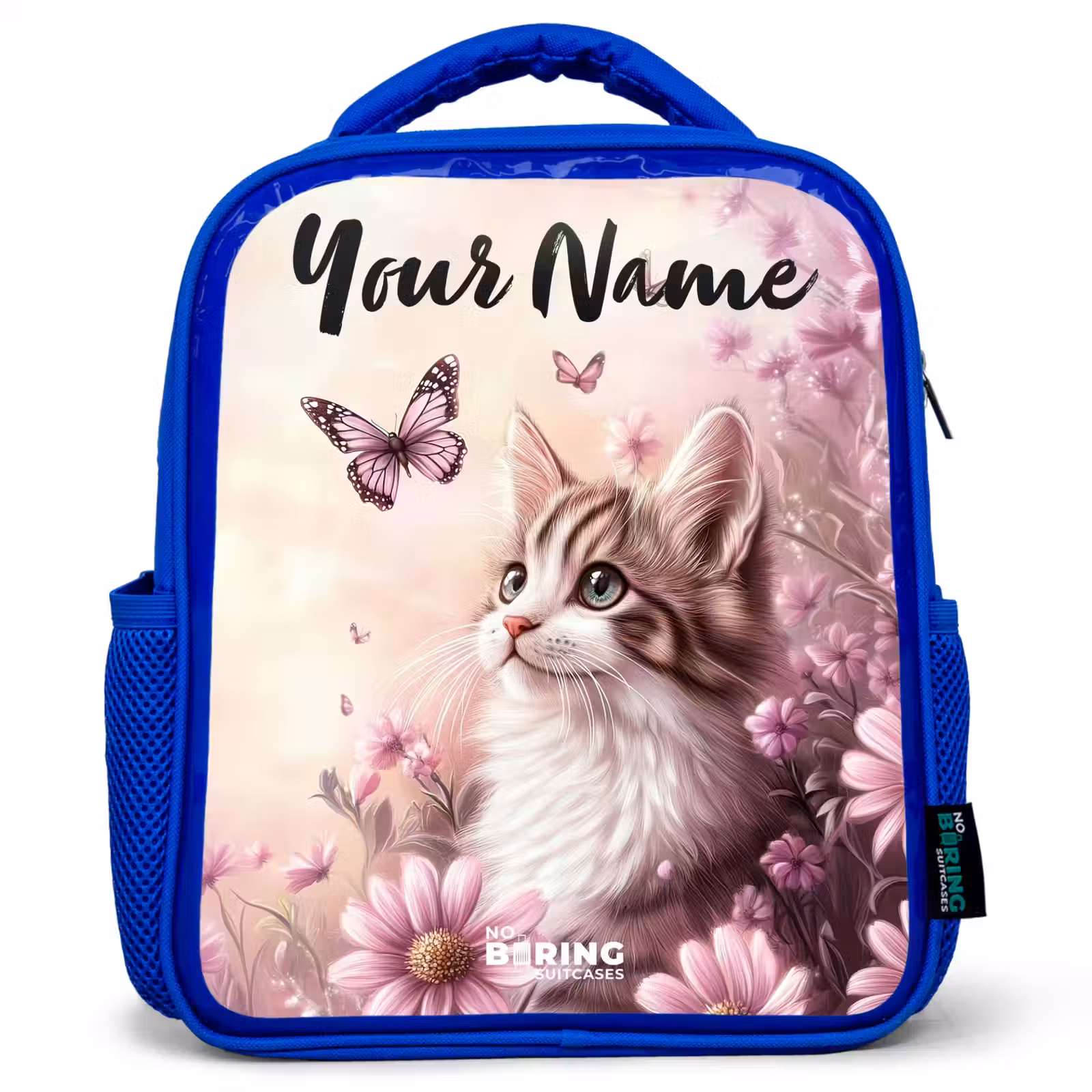 Kids backpack with name - Blue - Kitten - Butterflies - Purple - Flowers — 1