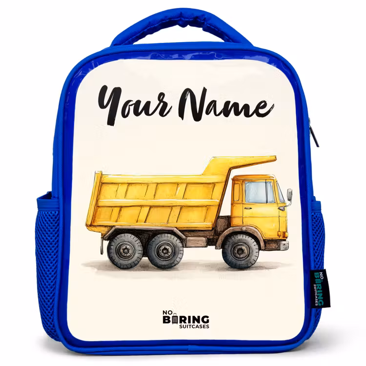 Kids backpack with name - Blue - Dump truck - Signed - Yellow — 1