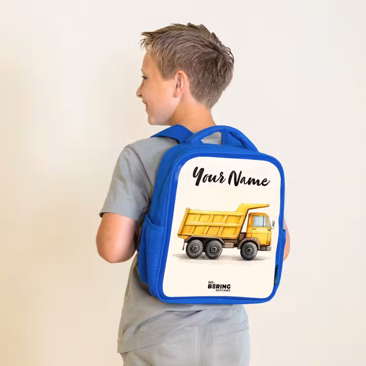 Kids backpack with name - Blue - Dump truck - Signed - Yellow — 2