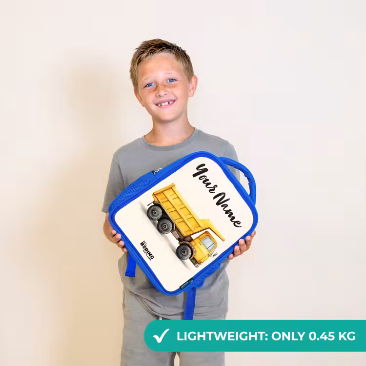 Kids backpack with name - Blue - Dump truck - Signed - Yellow — 3