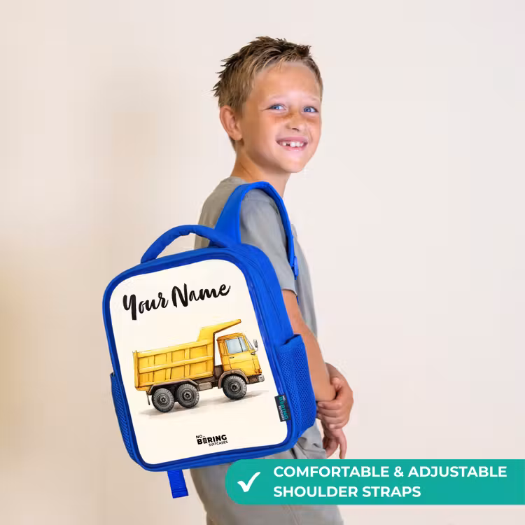 Kids backpack with name - Blue - Dump truck - Signed - Yellow — 4