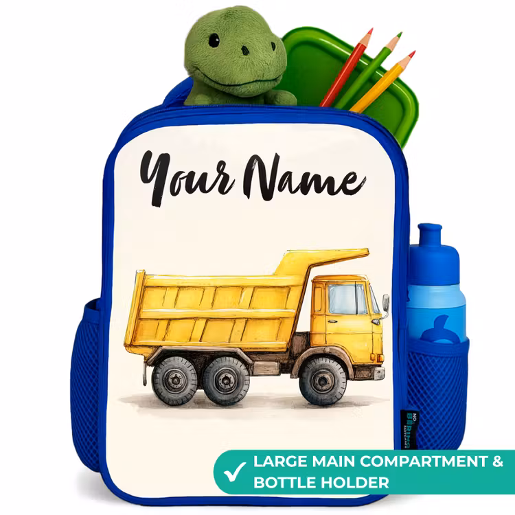 Kids backpack with name - Blue - Dump truck - Signed - Yellow — 5