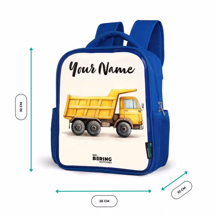 Kids backpack with name - Blue - Dump truck - Signed - Yellow — 6