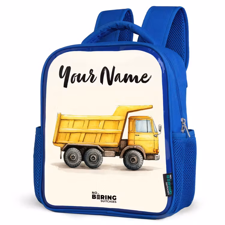 Kids backpack with name - Blue - Dump truck - Signed - Yellow — 7
