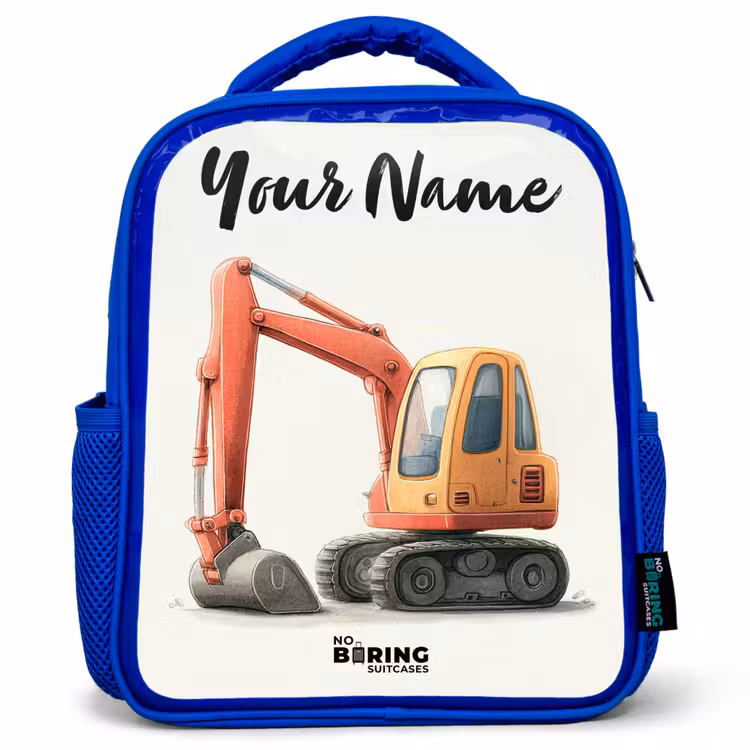 Kids backpack with name - Blue - Excavator - Signed - Orange — 1
