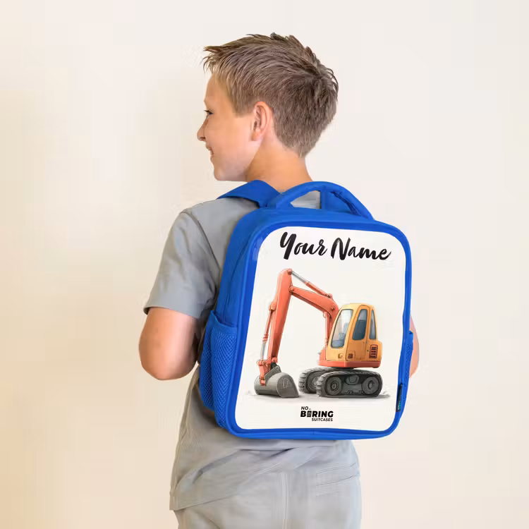 Kids backpack with name - Blue - Excavator - Signed - Orange — 2