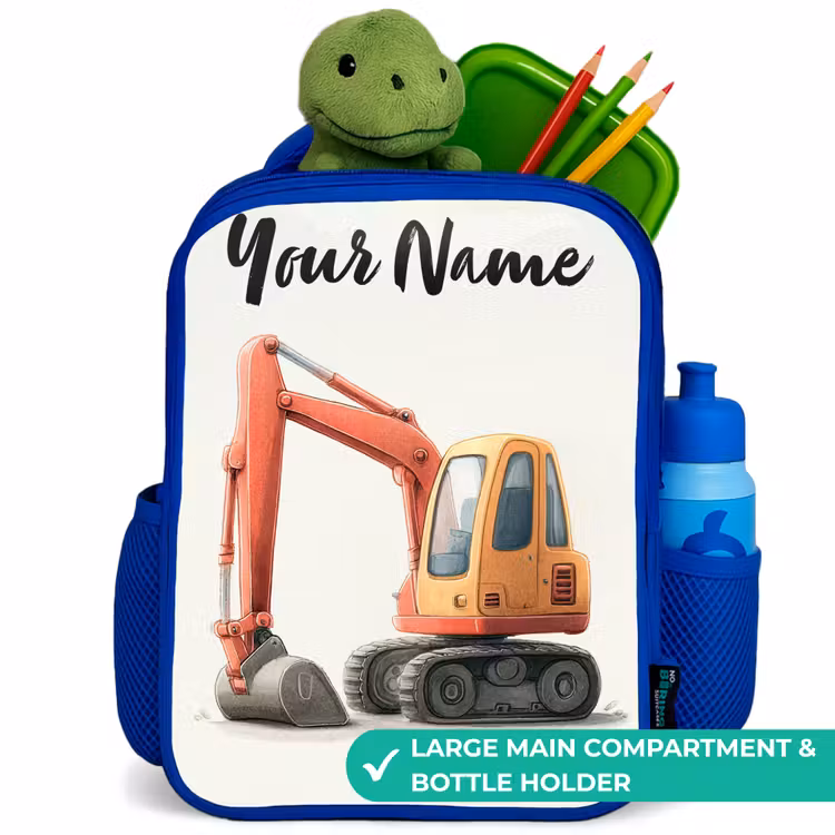 Kids backpack with name - Blue - Excavator - Signed - Orange — 5