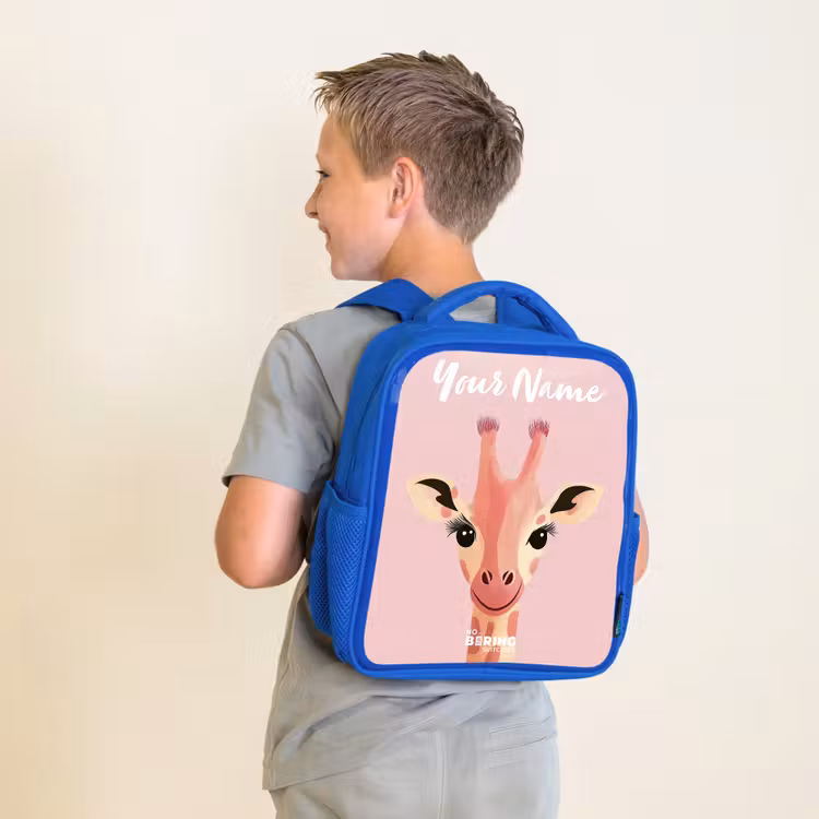 Kids backpack with name - Blue - Giraffe - Eyelashes - Minimalist - Pink — 2